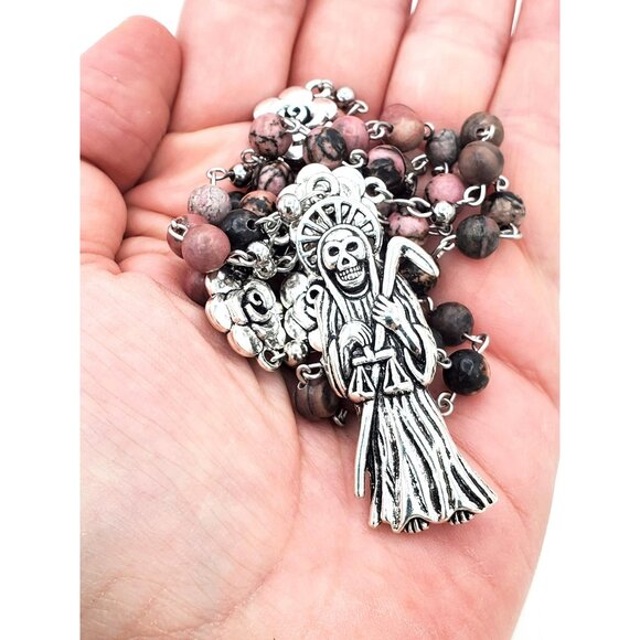 Handmade Rhodonite Santa Muerte Rosary. Holy Death Amulet Talisman Prayer Beads. - Picture 1 of 10
